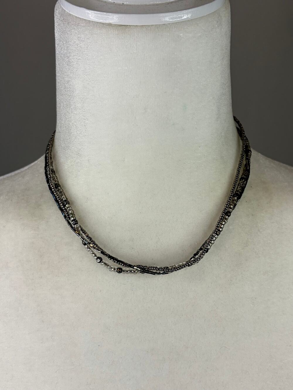 Chico's 3 Strand Beaded Choker Necklace Black Gunmetal Silver Tone Dainty